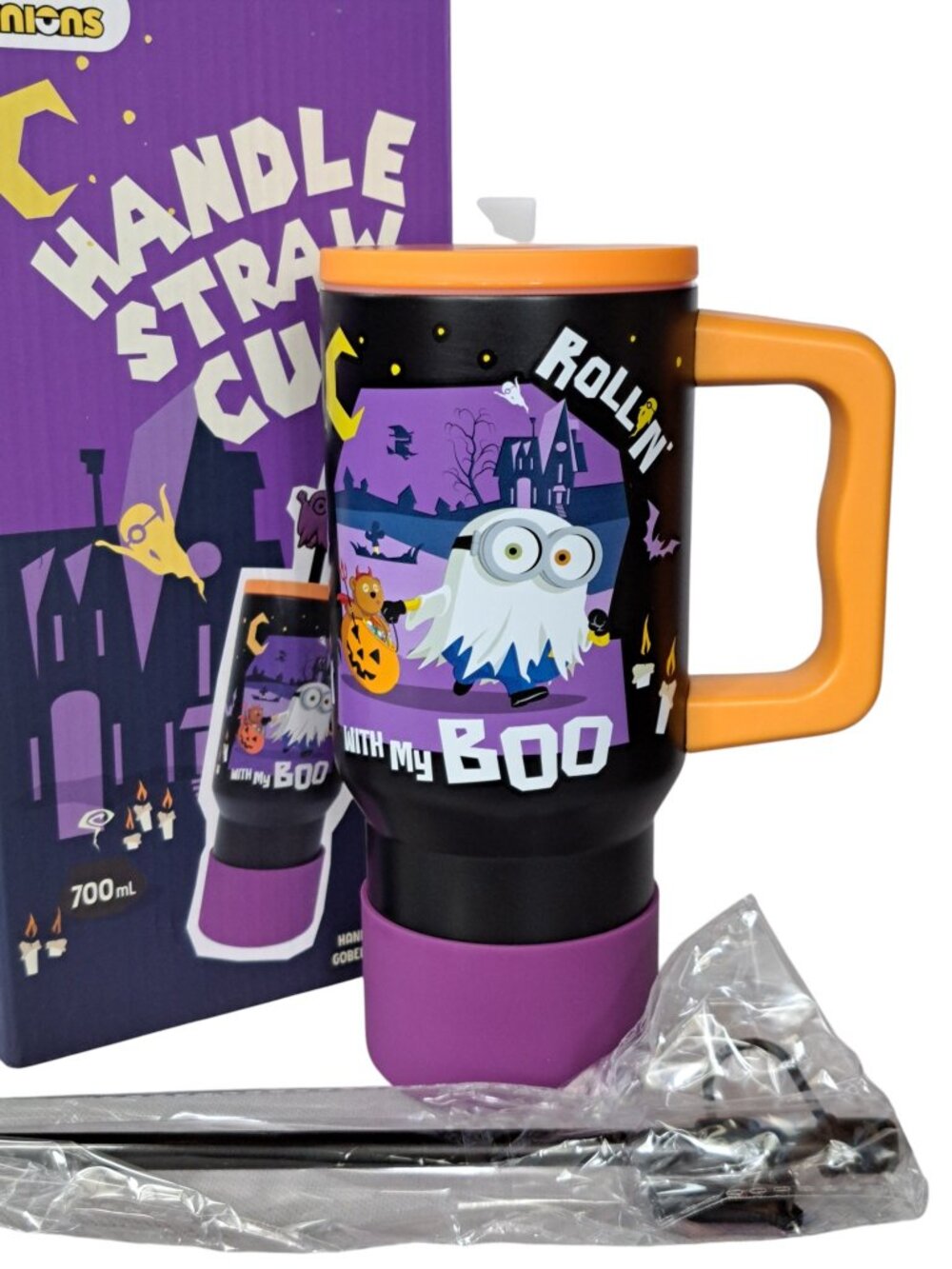 NEW Minions Halloween ROLLIN WITH MY BOO Double Wall 700 ml Handle Straw Cup
